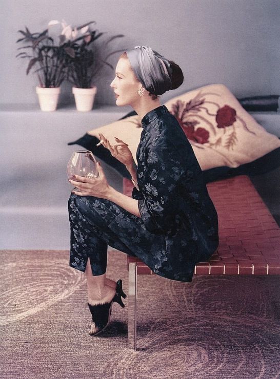 Mary Jane Russell in Chinese silk pajamas, Vogue 1953